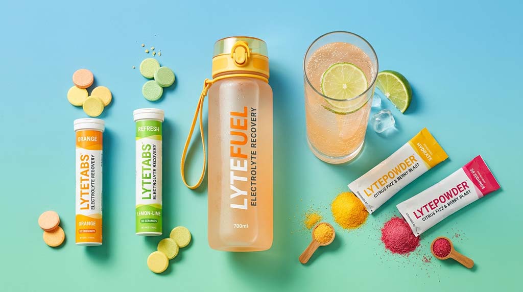 A flat lay of colourful electrolyte tablets, powder sachets, fruit, a water bottle and a bubbling glass showing the product forms people compare when considering electrolytes every day.