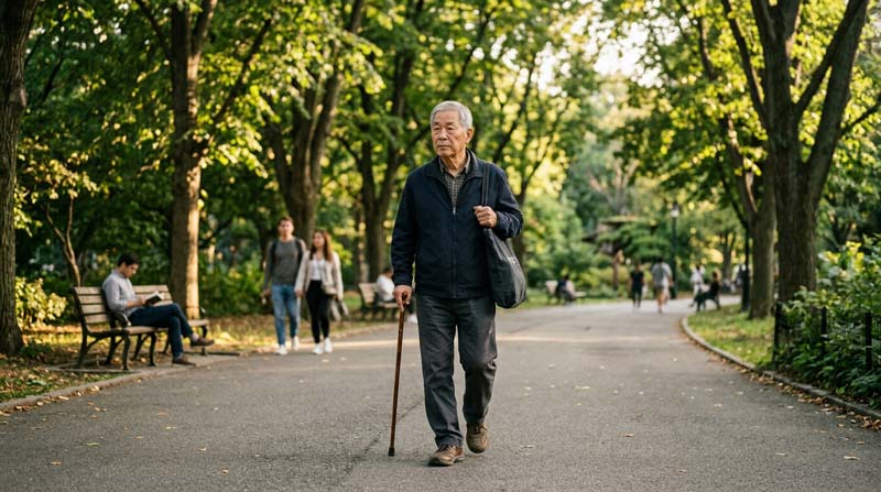 An older East Asian man walks along a tree lined public path, reflecting how everyday movement can help when sitting too long raises cancer risk.
