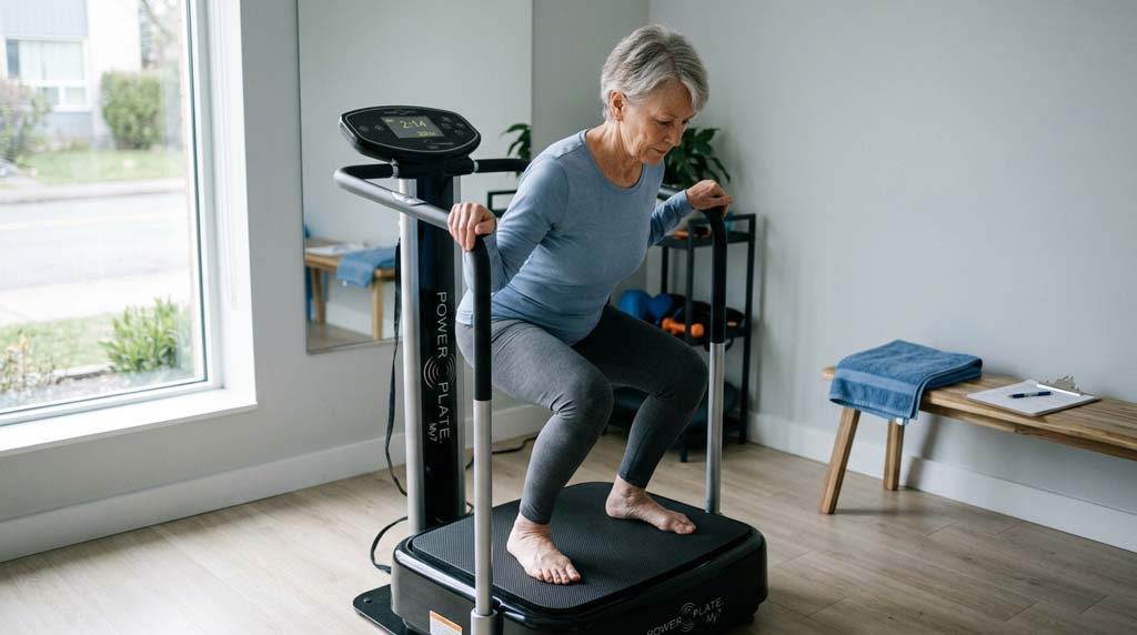 A white woman in her late sixties performs a supported squat during a vibration plate workout in a physiotherapy room.