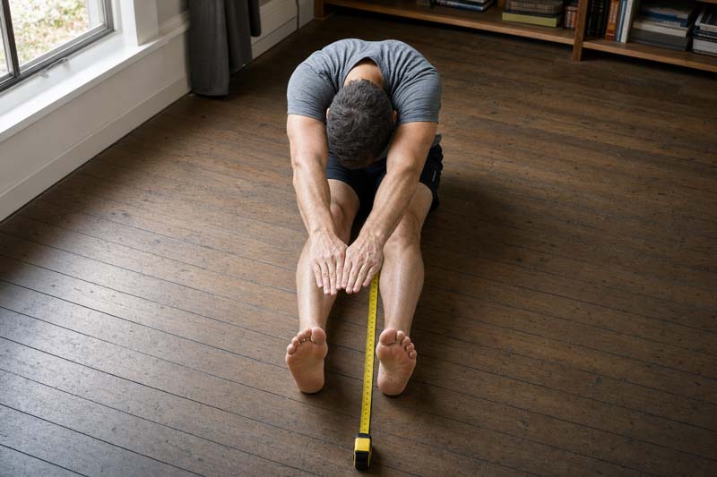 A barefoot man reaches towards a yellow tape measure between his extended legs while completing a sit-and-reach test at home.