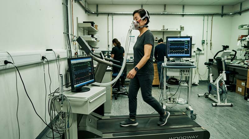 An older woman walks on a laboratory treadmill wearing a metabolic analysis mask and fitness watch beside monitoring equipment.