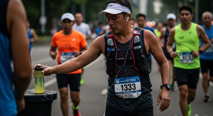 A determined marathon runner reaches for a sports drink bottle containing an electrolytes fitness supplement at a hydration station, sweating heavily during a race surrounded by other runners.