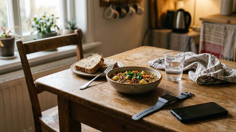 A home-cooked meal sits beside a face-down phone and unworn fitness watch, suggesting a pause from deciding whether to eat back exercise calories.