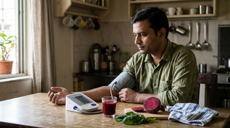 A man checks his blood pressure at a kitchen table beside beetroot juice, fresh beetroot and spinach.