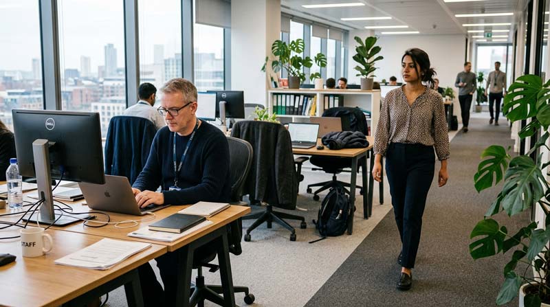 A seated office worker continues using a laptop while another worker walks through the office holding a glass of water.