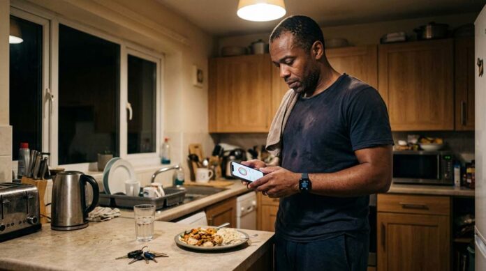 A man in training clothes studies his smartphone beside a prepared meal while deciding whether to eat back exercise calories.