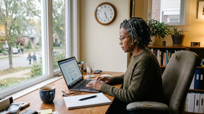 A middle aged Black woman works at a laptop in a home office, showing how sitting too long raises cancer risk during ordinary desk routines.