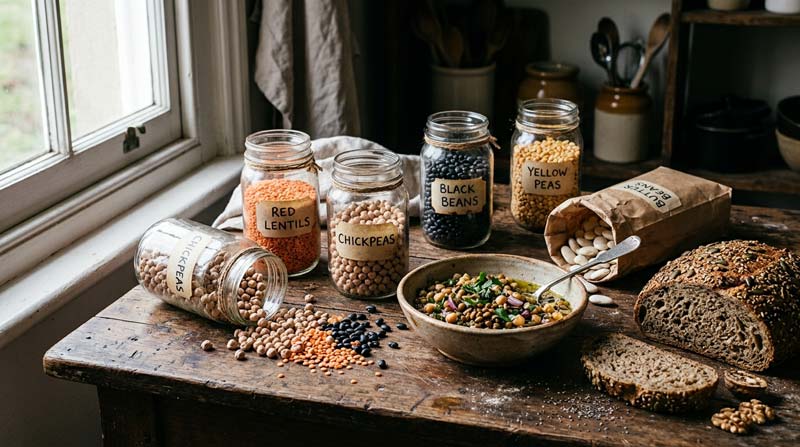 Jars and bowls of lentils, beans, split peas, chia seeds and walnuts sit beside a sliced seeded loaf on a worn wooden table.