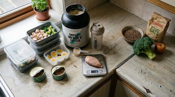 Protein-focused meal preparation fills most of a worn kitchen worktop while a small group of plant foods illustrates protein and fibre balance.