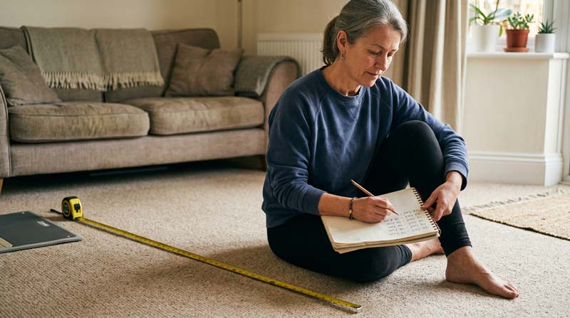A woman sits beside a yellow tape measure and records her flexibility results in a notebook.