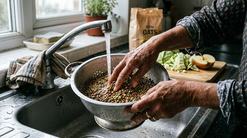 Age-marked hands rinse lentils over a kitchen sink beside cabbage, an apple and oats, preparing foods that support protein and fibre balance.