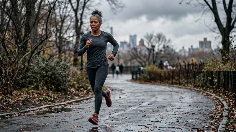 A woman runs along a wet city park path, reflecting the exercise and blood-flow relevance of a nitric oxide booster.