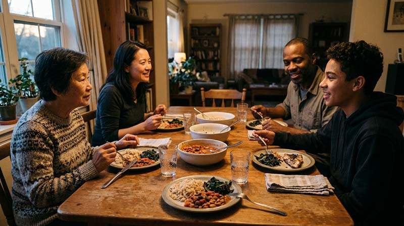 Four people across different generations share rice, bean stew, greens and fish around a modest table, showing protein and fibre balance in an ordinary meal.