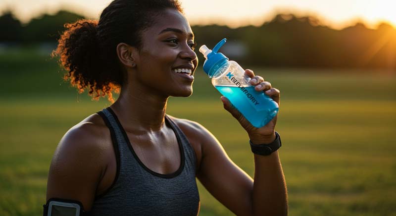 A smiling black female athlete drinks from a clear bottle containing an electrolytes fitness supplement while resting outdoors at sunset after completing an intense workout, with dried sweat visible on her skin and a refreshed expression.