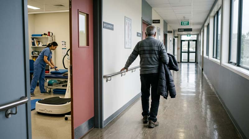 An older South Asian man walks steadily along a rehabilitation corridor after completing a vibration plate workout.