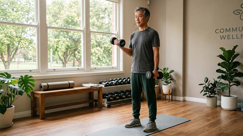 An older man performs dumbbell curls in a bright fitness studio.
