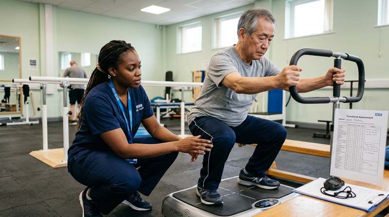 A physiotherapist monitors an older man’s knee alignment as he holds a supported squat during a vibration plate workout.