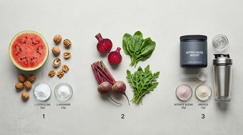 Watermelon, walnuts, amino acid powders, nitrate-rich vegetables and a supplement blend arranged in three numbered groups.