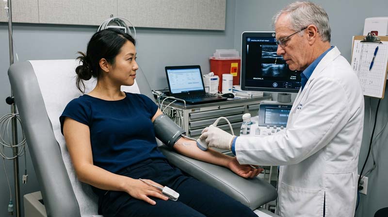 A clinician scans a woman’s arm during research examining how a nitric oxide booster may affect blood flow.