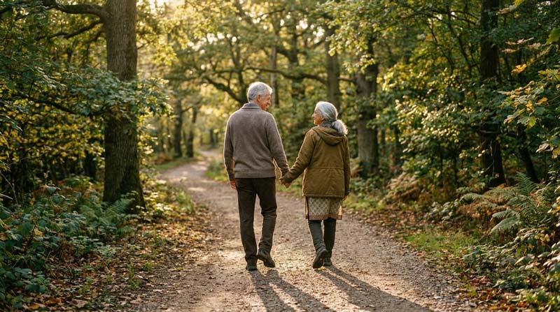 An older couple walk hand in hand through a sunlit park, reflecting how an active life relates to exercise and dementia risk.