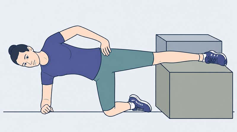 Side plank with the box close to the body, supporting the upper leg near the knee, lower leg resting on the floor