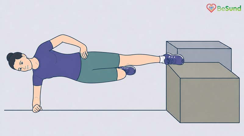 Straight line held at the top of the movement with the upper leg supported at the ankle on the low box