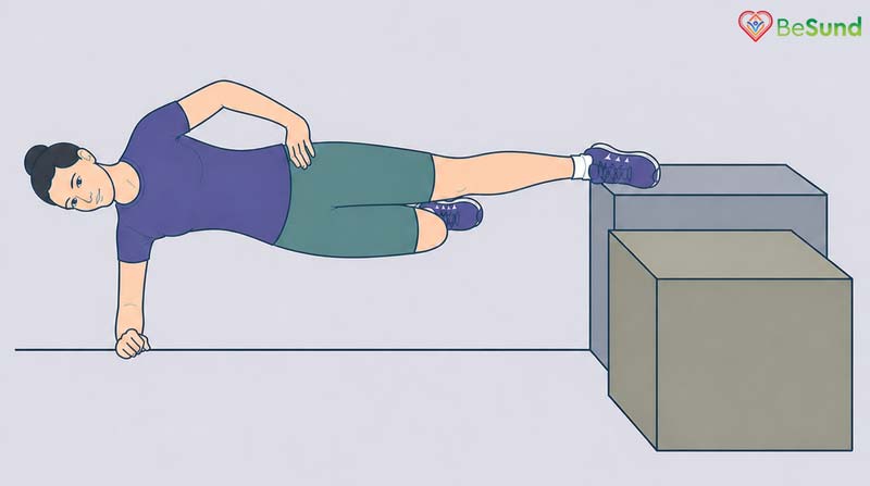 Upper leg supported at the ankle on a taller box with the body held in a straight line