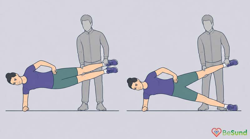 Partner holding the raised leg at the ankle and knee, shown at both the top and the bottom of the movement
