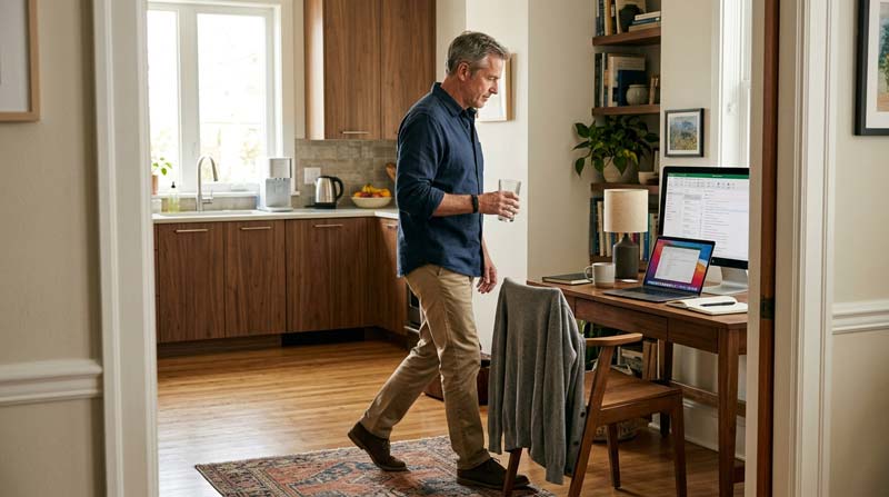 A man leaves his desk chair and walks towards the kitchen while wearing a wrist movement sensor.