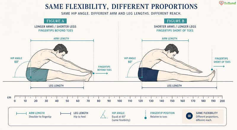 An infographic compares two seated men with equal hip angles, showing how longer arms and shorter legs reach beyond the toes while shorter arms and longer legs stop before them.