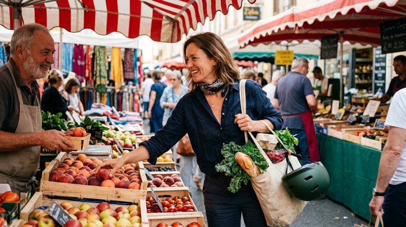 A woman chooses fresh produce at a busy outdoor market while sharing a warm smile with a stallholder.