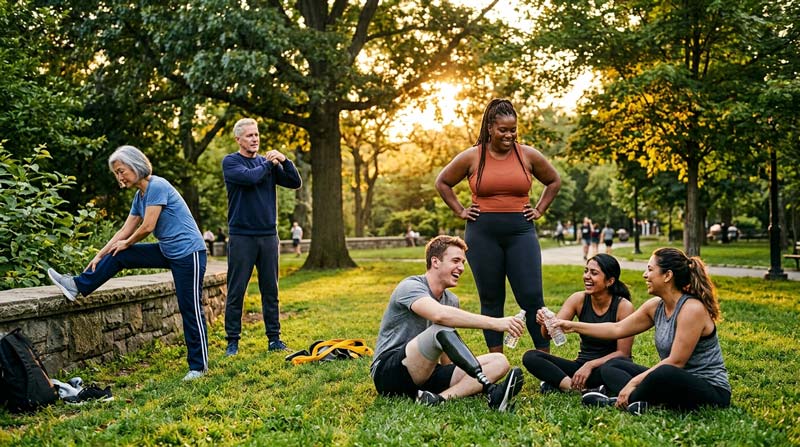 A diverse community exercise group rests, stretches and shares water together in a sunlit city park.