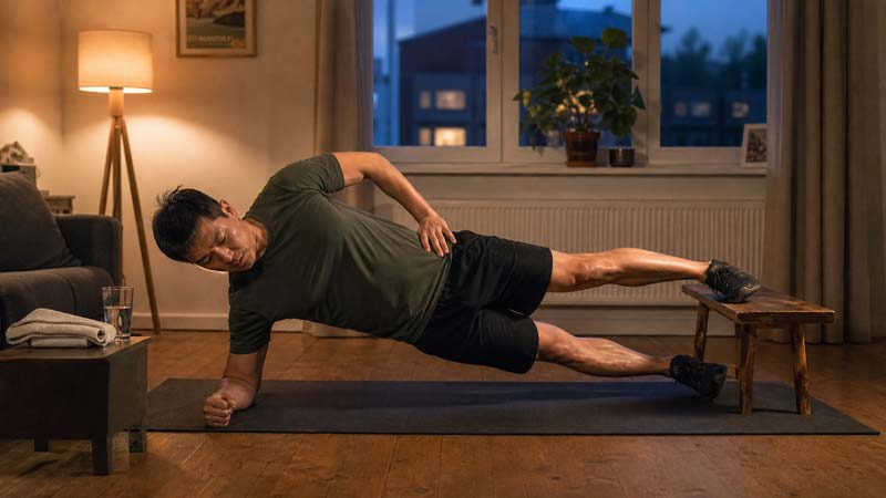An East Asian man performs a controlled bench-supported side hold on an exercise mat in his front room.