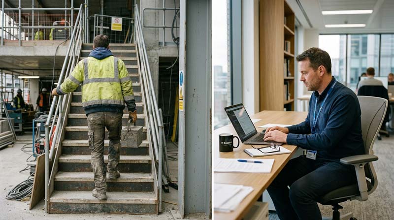 Two similarly built adults experience contrasting levels of movement during their working days at a worksite and an office.