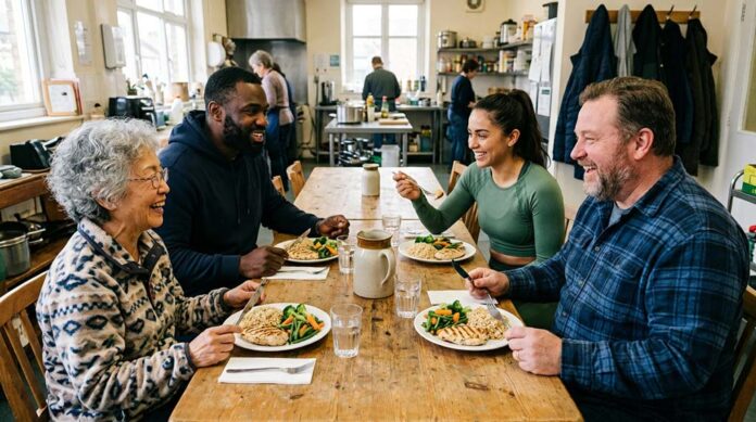Four adults of different ages and body sizes smile over identical meals, illustrating why a 1200 calorie diet does not suit everyone equally.
