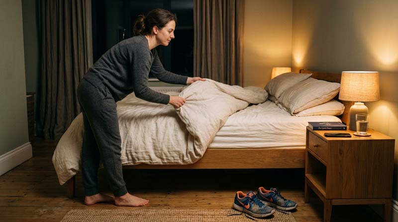 A calm woman prepares to get into bed while her used training shoes rest nearby at the end of the day.