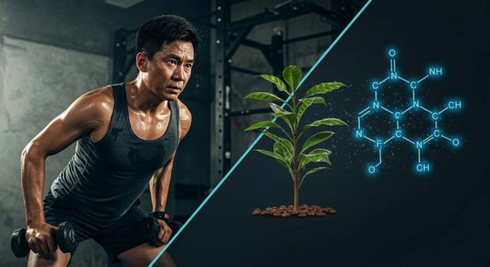 A determined Chinese man in his 40s lifts dumbbells mid-workout, with sweat on his skin, visually paired with a caffeine plant and glowing molecular structure to illustrate the connection between caffeine fitness supplement and enhanced training intensity.