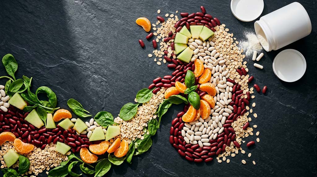 Foods associated with inositol, including red and white beans, citrus fruit and melon, arranged together in the shape of a human kidney.