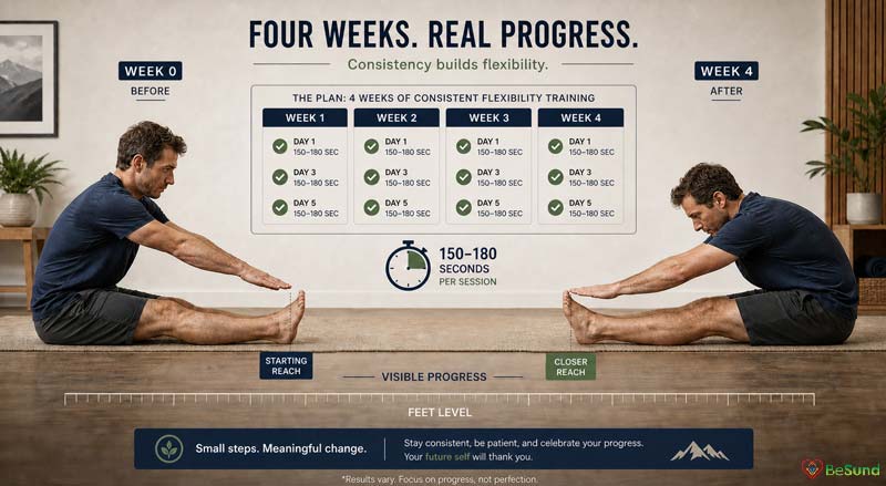 The same man performs a seated forward reach before and after four weeks, with his starting fingertips short of the toes and his later hands extending beyond them.