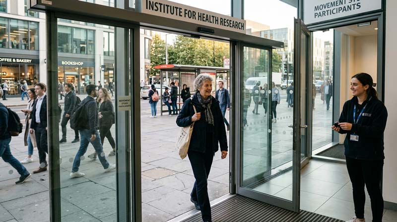 A woman leaves a research centre after returning her wrist accelerometer and joins pedestrians outside, based on everyday movement and cancer risk.