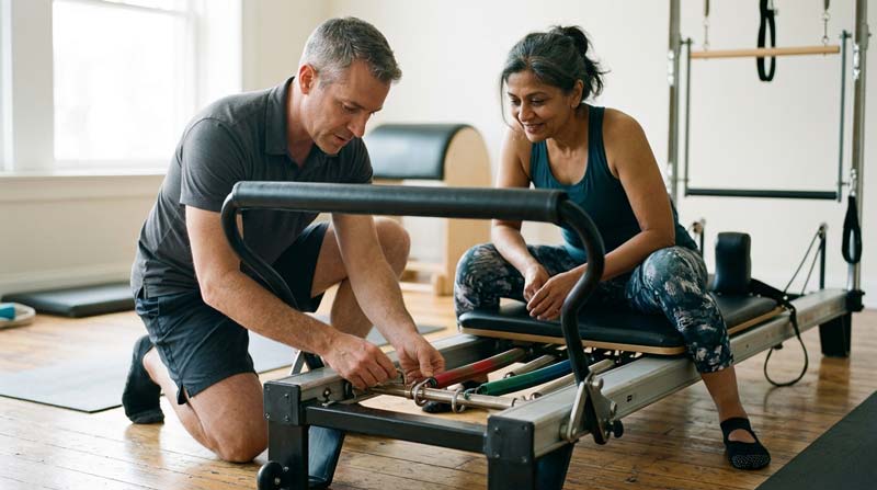 A male instructor clips a red spring onto a reformer while a seated woman watches closely beside him in a calm studio.