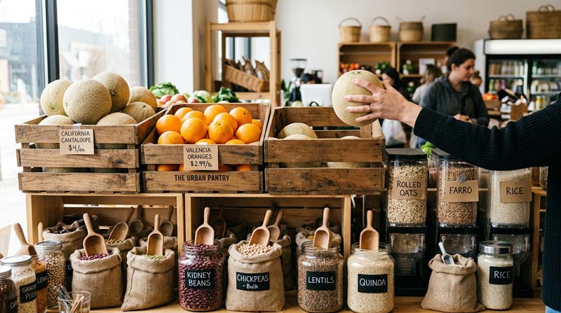 A shopper reaches towards colourful displays of melon, oranges, beans, oats and grains at a fresh food market.