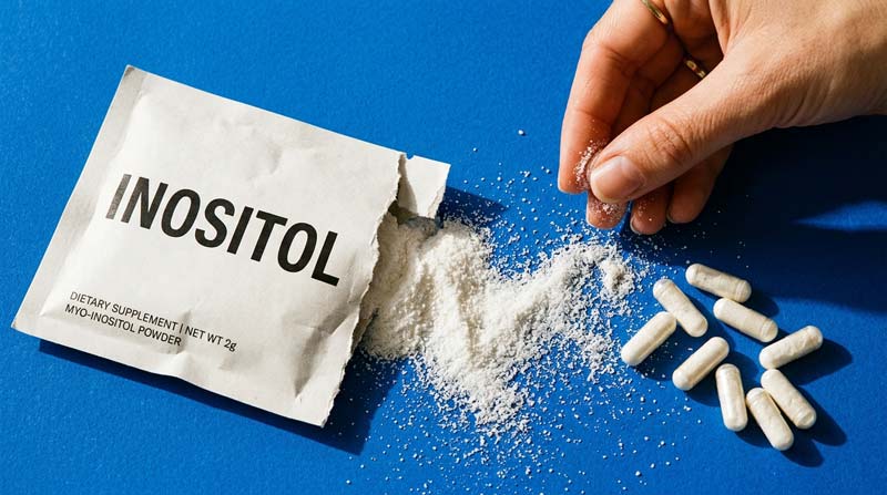 A torn white inositol supplement sachet spills fine powder and capsules across a vivid blue surface as a hand examines a small amount between the fingertips.