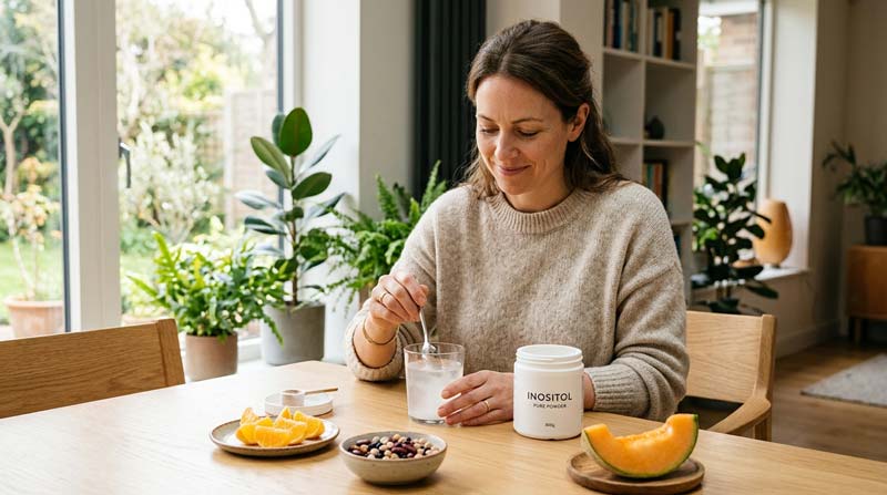 An adult stirs inositol powder into a glass of water beside an open supplement tub and a selection of fresh foods.