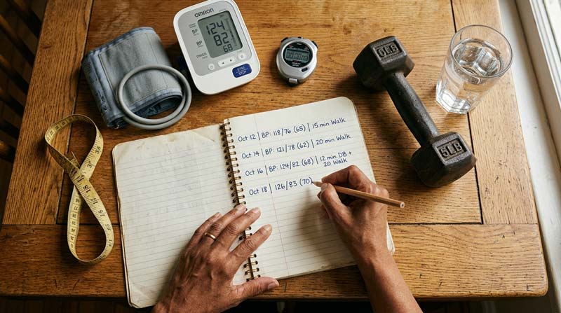 An older woman records blood pressure, waist and fitness measures to track exercise without weight loss.