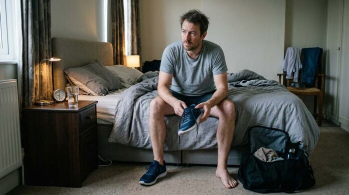 A tired man sitting on the edge of an unmade bed holds a training shoe while deciding whether exercise after a bad night's sleep is the right choice that morning.
