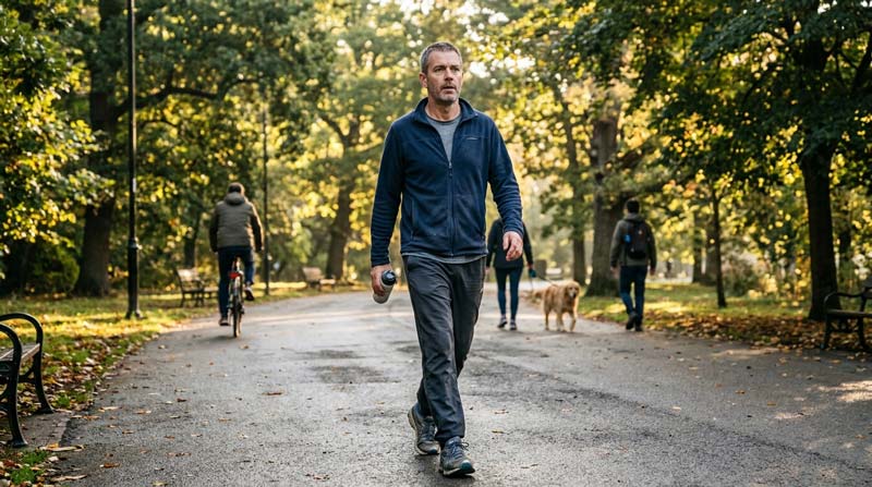 A tired man walks briskly through a tree-lined park as exercise after a bad night's sleep helps him become more alert during the early morning.