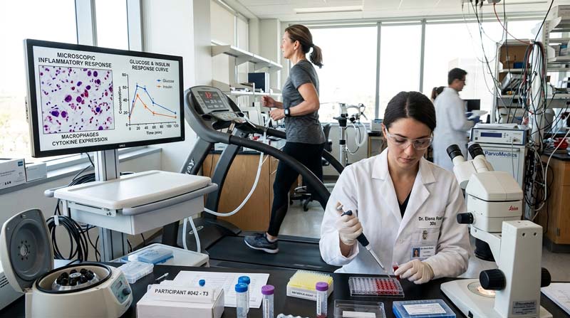 A scientist examines a blood sample as a participant wearing a wrist sensor walks on a laboratory treadmill, seeing effect of everyday movement and cancer risk.