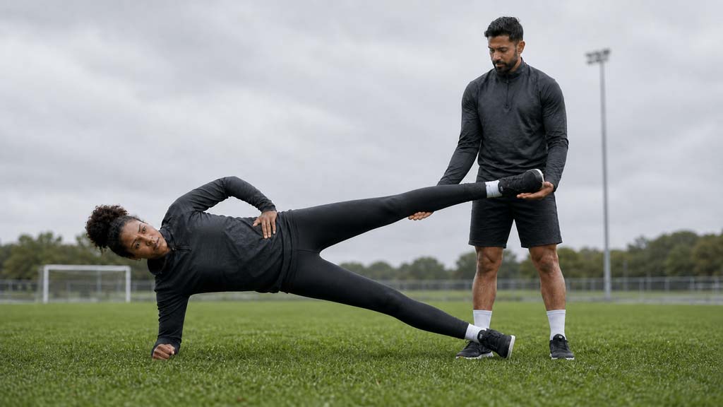 A Black woman performs a Copenhagen plank on a football pitch while a standing training partner supports her upper leg.