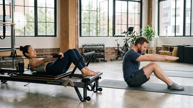 An East Asian woman on a reformer and a man on a mat perform comparable movements in a bright studio, illustrating reformer Pilates alongside floor-based training.